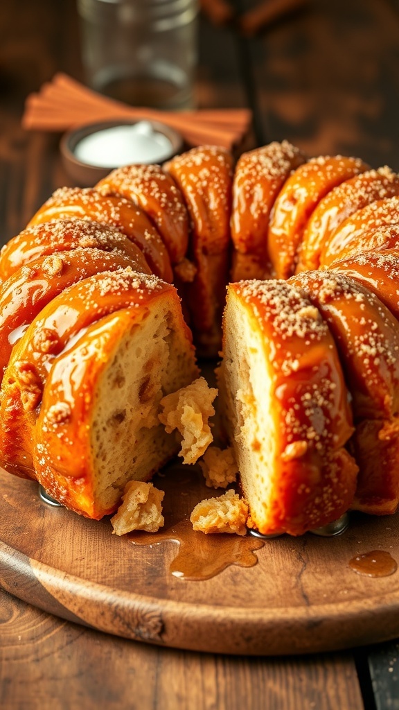 Golden-brown monkey bread on a wooden table, showcasing its pull-apart texture and cinnamon sugar coating.